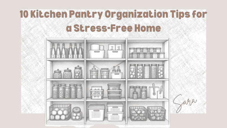 Illustration of a shelf holding assorted kitchen and household items.