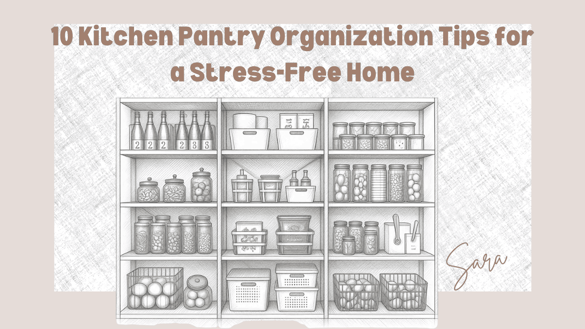 Illustration of a shelf holding assorted kitchen and household items.