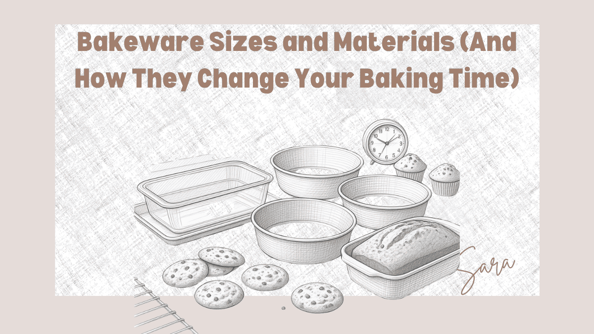 Drawing of a baking set with assorted pans and baking tools.