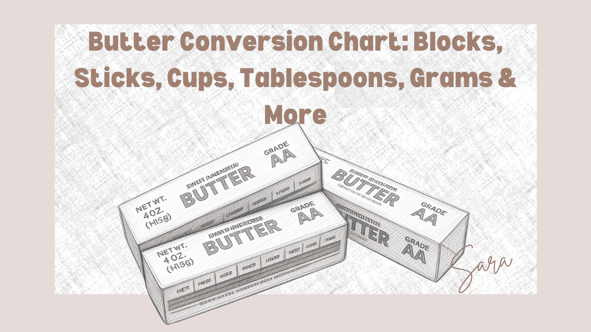 Butter conversion chart showing blocks, sticks, cups, tablespoons, and grams. Add page title