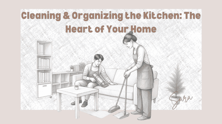 Illustration of two people cleaning a room.