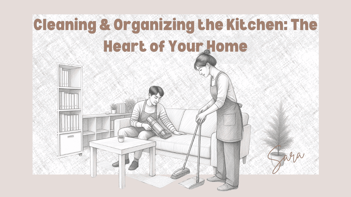Illustration of two people cleaning a room.