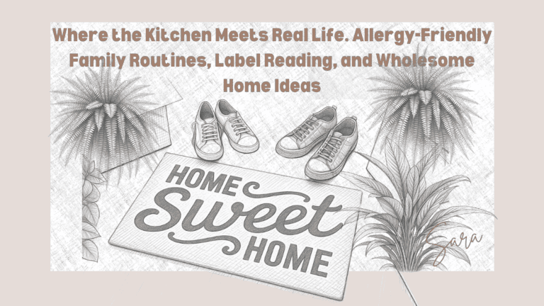 Illustration of a “Home Sweet Home” sign with shoes and boxes on a rug.