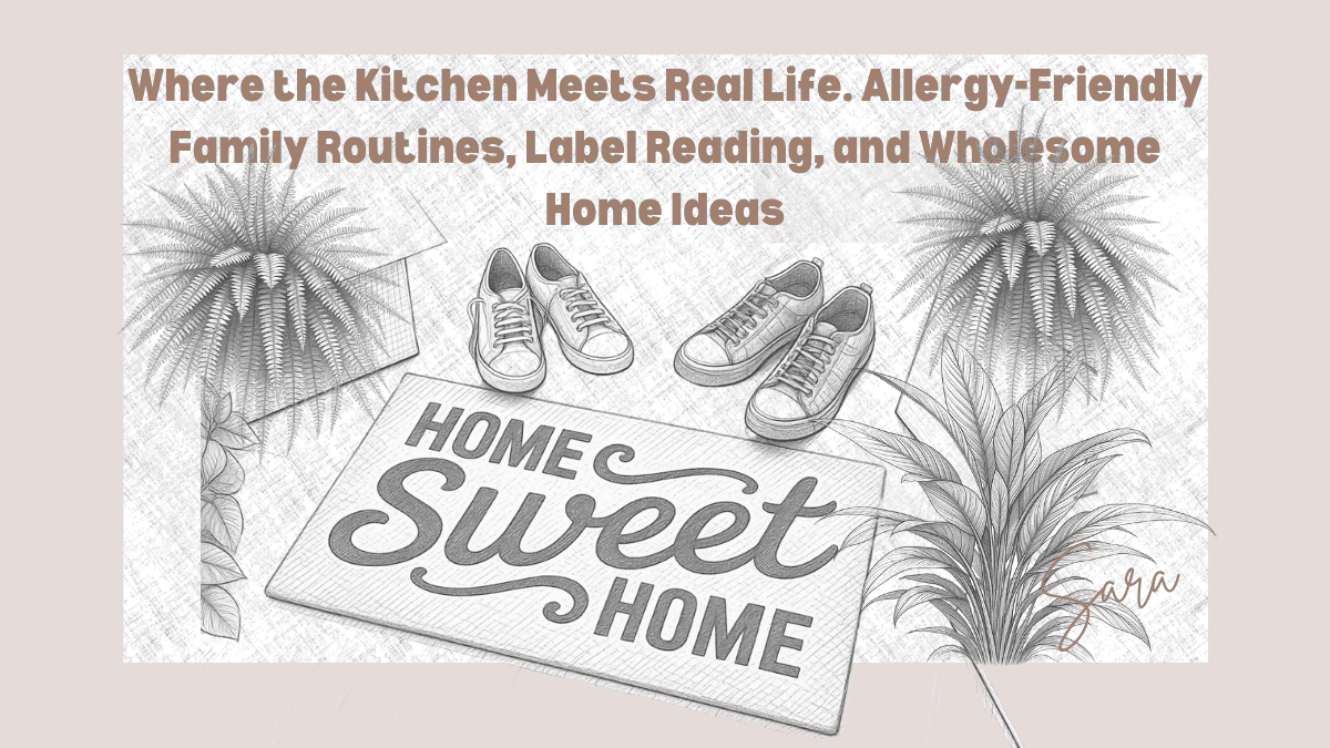 Illustration of a “Home Sweet Home” sign with shoes and boxes on a rug.